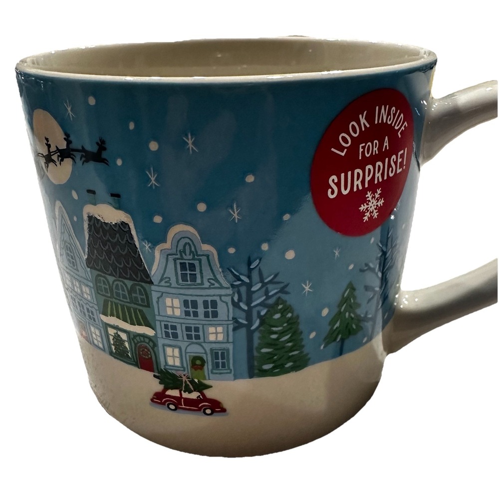 Christmas Village Coffee Mug Blue White Santa Sleigh‎ Hidden Snowflake Surprise